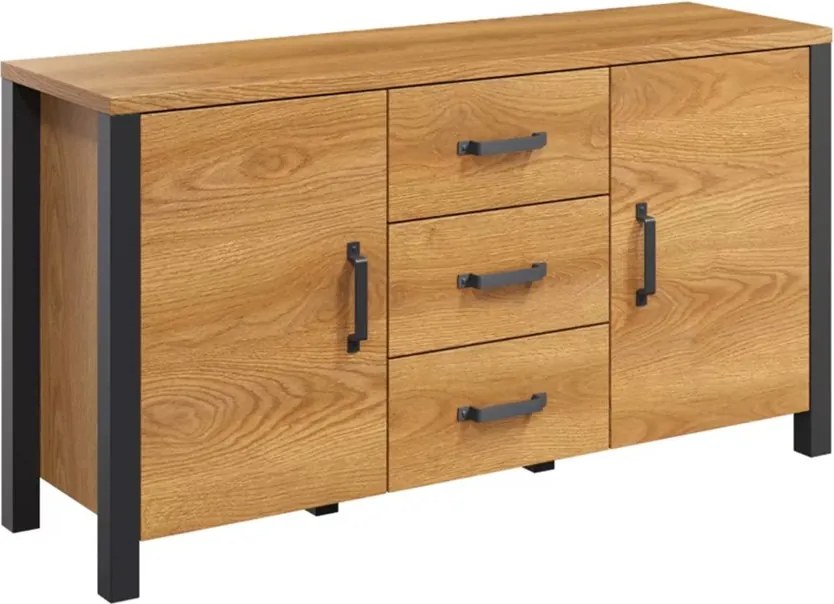 Komoda Olin 26 150 cm z szufladami - dąb karmelowy / czarny supermat - Oferta Limitowana