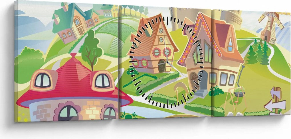 Obraz - Kolorowe miasteczko (z zegarem) (90x30 cm)