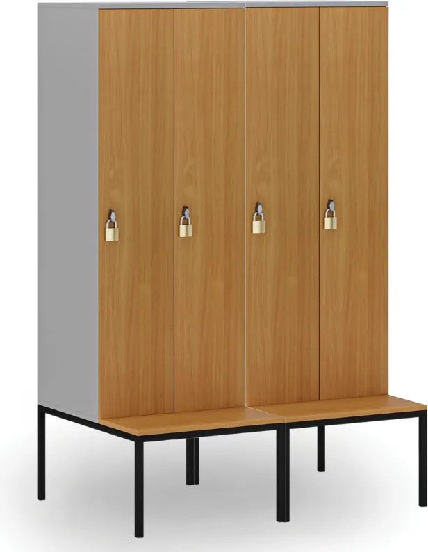 Drewniana szafa ubraniowa S4 z ławką, 2-drzwiowa, 1871 x 600 x 500/800 mm, demontaż, zamek obrotowy, szary/brzoza