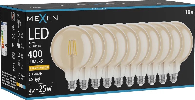 Mexen Vintis 10x żarówka filament LED E27, G125, 4W, Ciepła - 2200K, 400 lm, amber - L158-E27-0422-50x10