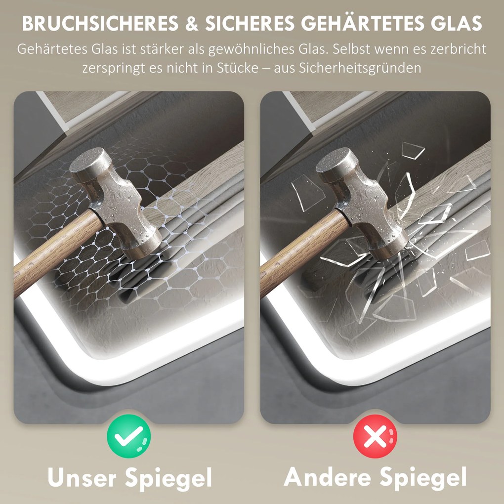 HOMCOM Lustro łazienkowe LED Bluetooth 70 x 90 cm przycisk dotykowy regulowane światło 3 kolory przeciwparowe pamięć Srebrny