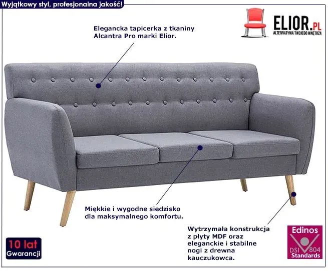 3-osobowa szara sofa pikowana - Lilia