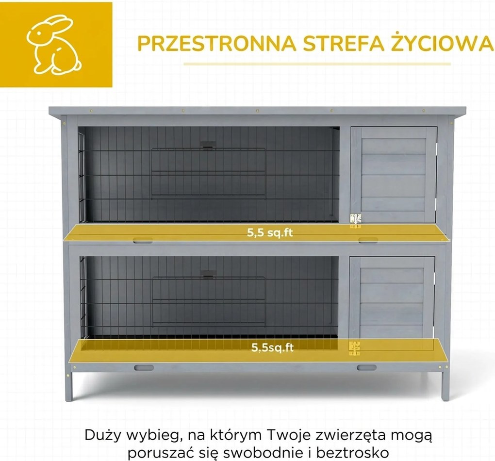 PawHut Klatka dla królików z drewna z 2 poziomami, dach z papy, tacki na dno, drzwi dla małych zwierząt, 136,4 x 50 x 93 cm, szara | Aosom PL