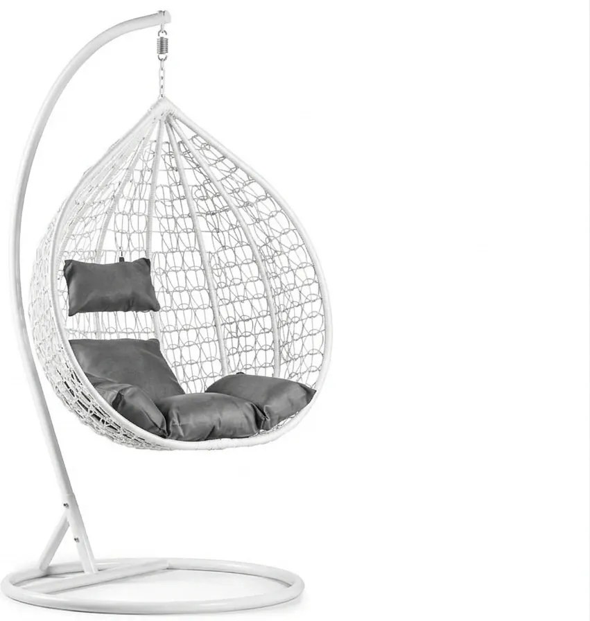 Białe wiszące krzesło KOKON ze stojakiem, szara poduszka