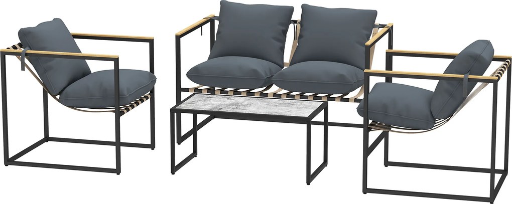 Outsunny 4-częściowy zestaw mebli ogrodowych, Zestaw mebli na zewnątrz, 2 fotele, sofa dla 2 osób, stolik, wyściełane, stal, poliester, szary