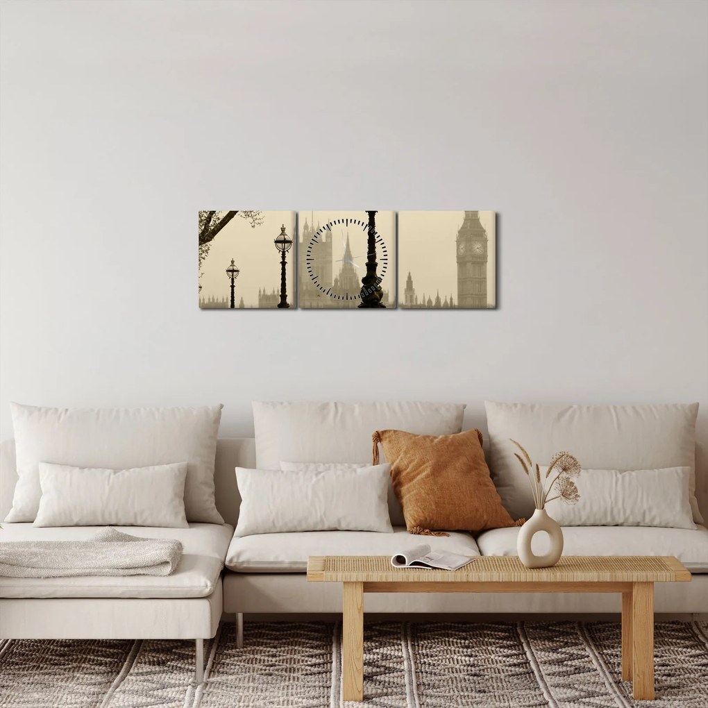 Obraz - Londyn we mgle, Anglia (z zegarem) (90x30 cm)