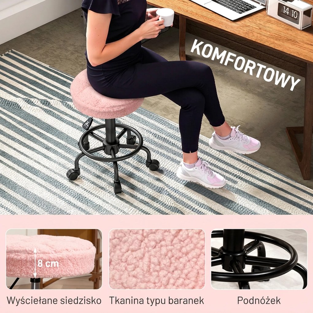 HOMCOM Regulowany hoker obrotowy 50-66 cm 360° obrotowy Ø50 x 50-66 cm Różowy