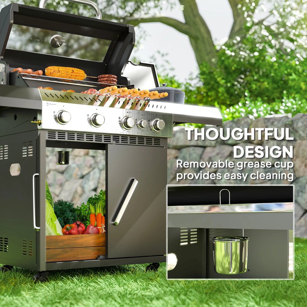 Outsunny Grill gazowy 12 KW na wózku z 5 palnikami bocznym palnikiem kółkami pokrywą termometrem bocznymi półkami 135 x 54 x 110 cm