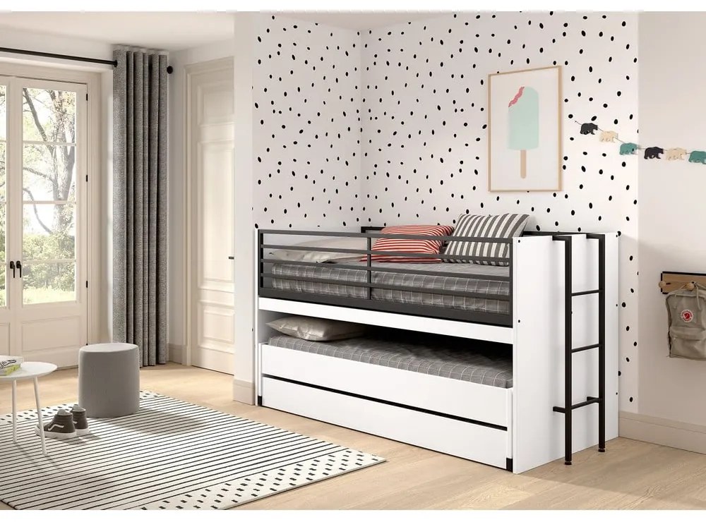 Białe piętrowe łóżko dziecięce z wysuwanym łóżkiem i stelażem 90x200 cm Sam – Vipack
