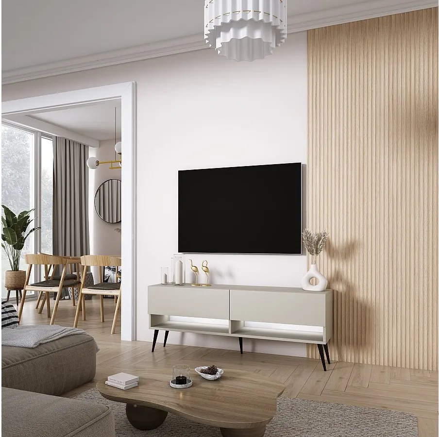 Szafka pod telewizor 140 cm Kaszmir, nóżki pochyłe czarne, LED biały, 140 × 32 × 52 cm