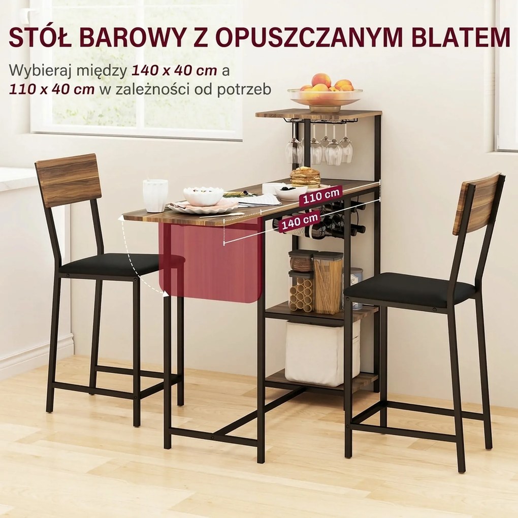 HOMCOM 3-częściowy zestaw stołów barowych, 1 stół, 2 hokery, z regałem na wino, uchwytem na szklanki, otwartymi półkami, podnóżkami, brązowy