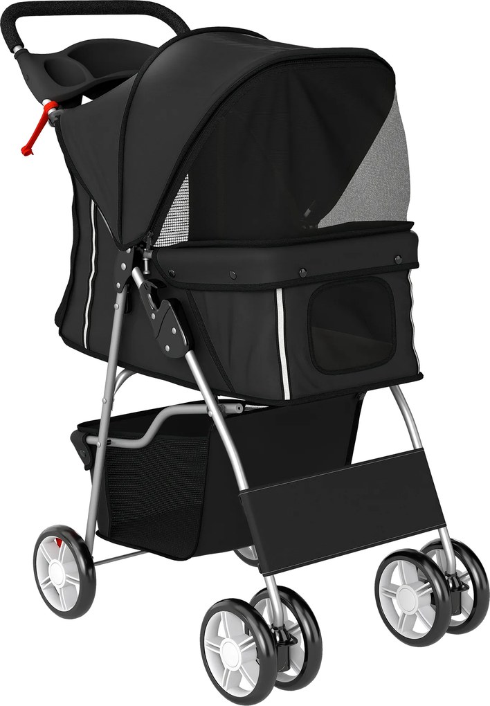 PawHut Wózek dla psa, składany wózek z odblaskami, koszem na zakupy i poduszką dla małych psów do 10 kg, 77x44x102 cm, czarny | Aosom PL
