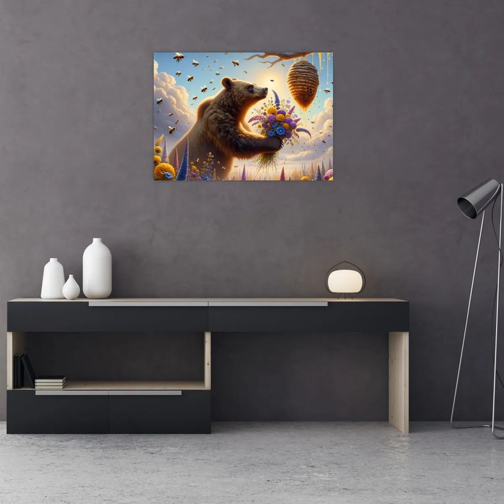Obraz na szkle - Niedźwiedź i pszczoły (70x50 cm)