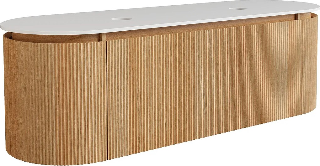 Wisząca szafka podumywalkowa ryflowana z drewna jesionowego z blatem z matowego spieku kamiennego – Jasny naturalny – S150 cm – LILIKO