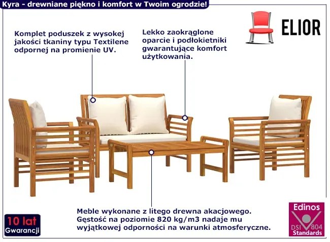 Drewniany komplet mebli do ogrodu z kremowymi poduszkami Donner 3X