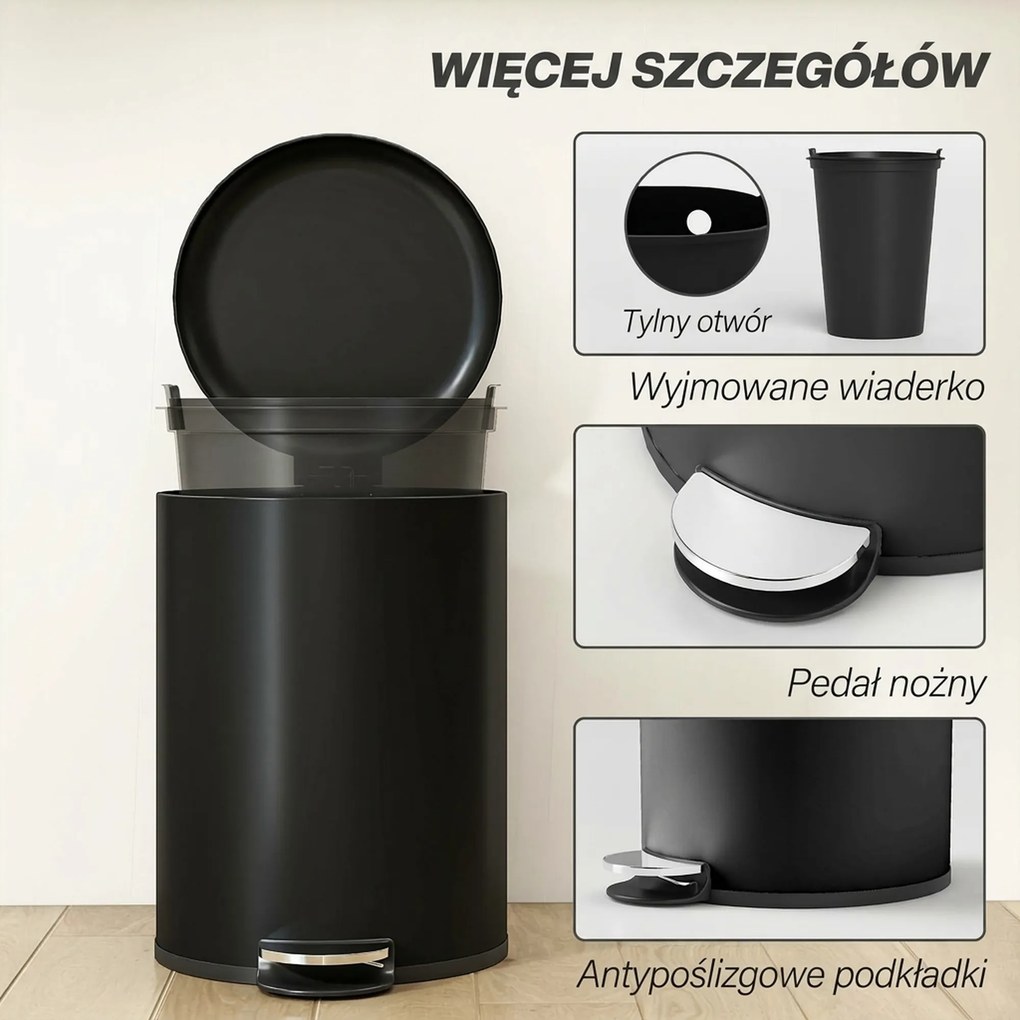 HOMCOM 20 l kosz kuchenny, metal odporny na odciski palców, pokrywa Soft-Close, pedał nożny i wyjmowany kubeł, czarny | Aosom PL