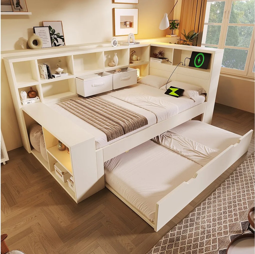 Łóżko wysuwane 90 x 200 cm + 90 x 190 cm z miejscem do przechowywania z 3 stron, 3 portami USB i USB-C - sosna + płyta wiórowa - białe (materac nie jest dołączony)