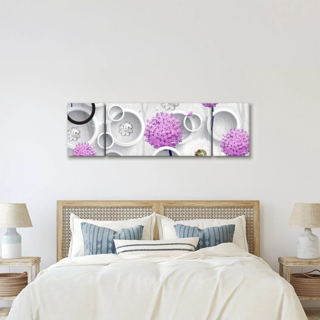 Obraz abstrakcji 3D z kołami i kwiatami (170x50 cm)
