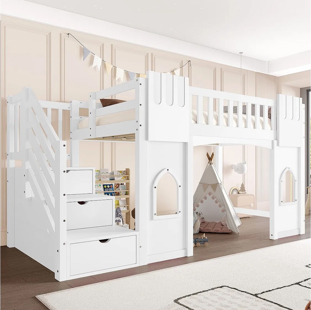 Łóżko piętrowe dla dzieci - 90 x 200 cm - ze schodkami do przechowywania i oknem - drewno + MDF - białe