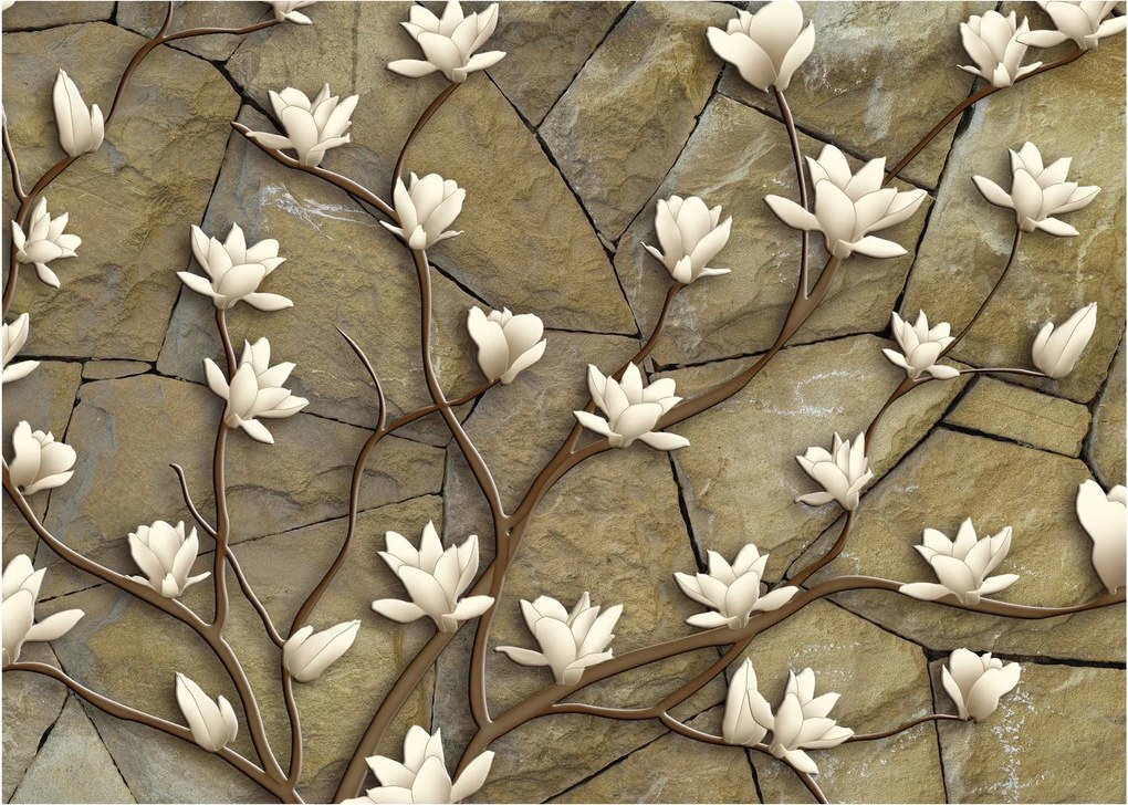 Obraz - Białe magnolie na murze kamiennym (70x50 cm)