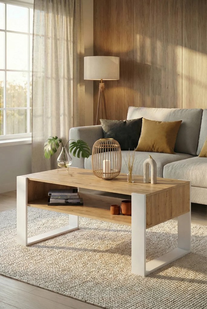 Nowoczesny stolik kawowy z półką dąb sonoma + biały F0-N82