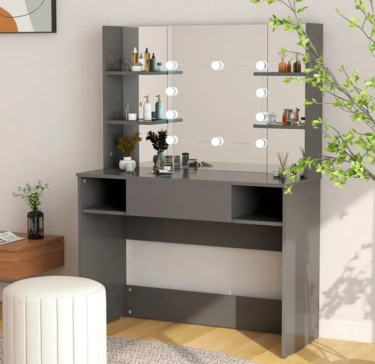Szara toaletka do makijażu z lustrem LED - Zowros 3X