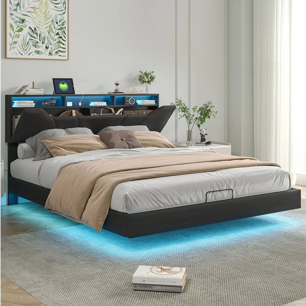 Łóżko 140x200 cm z oświetleniem LED, Pojemnik na pościel z portem USB, Regulowany zagłówek, Kolor czarny