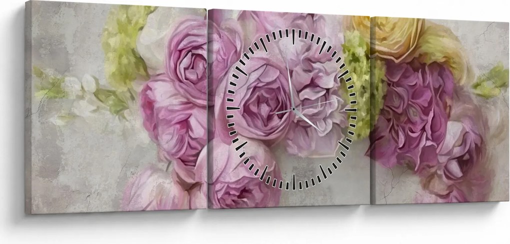 Obraz - Kwiaty na ścianie w pastelowych kolorach (z zegarem) (90x30 cm)
