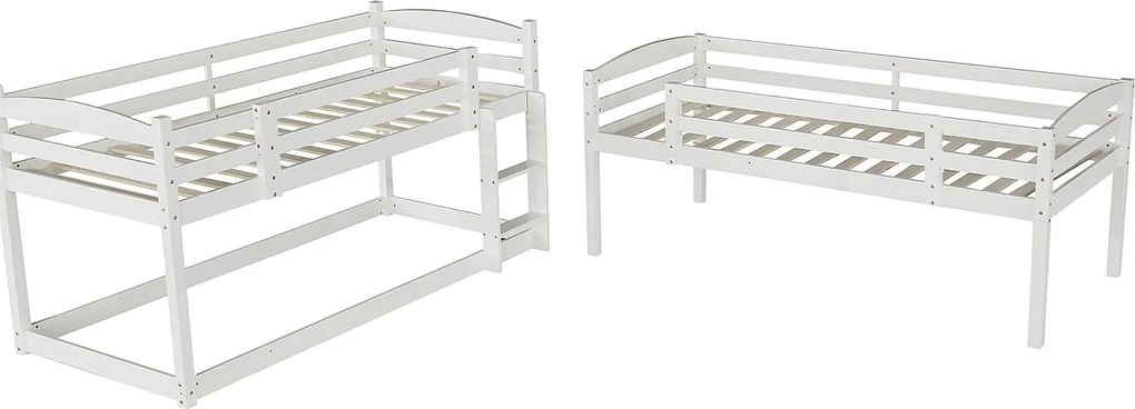 Potrójne łóżko piętrowe 90 x 200 cm - Łóżko dziecięce ze schodkami i barierką - białe drewno - materac nie jest wliczony w cenę