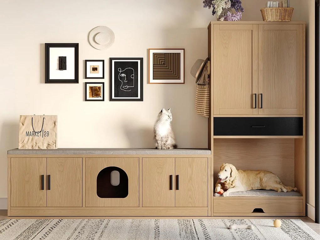 Szafa na kuwetę dla kota - szafa dla zwierząt - z miską i matą - z hakami - Naturalny