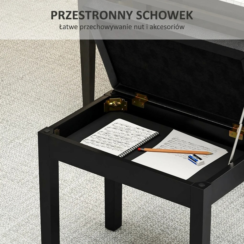 HOMCOM Ławka pianistyczna, obicie ze skóry ekologicznej, pikowane guziki, miejsce do przechowywania, nogi drewniane, Czarny