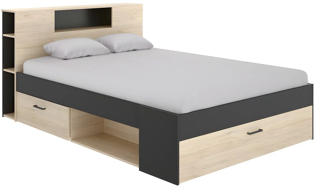 Łóżko ze skrzynią i szufladami - 160 x 200 cm - Kolory: naturalny i antracyt + Stelaż + Materac - LEANDRE
