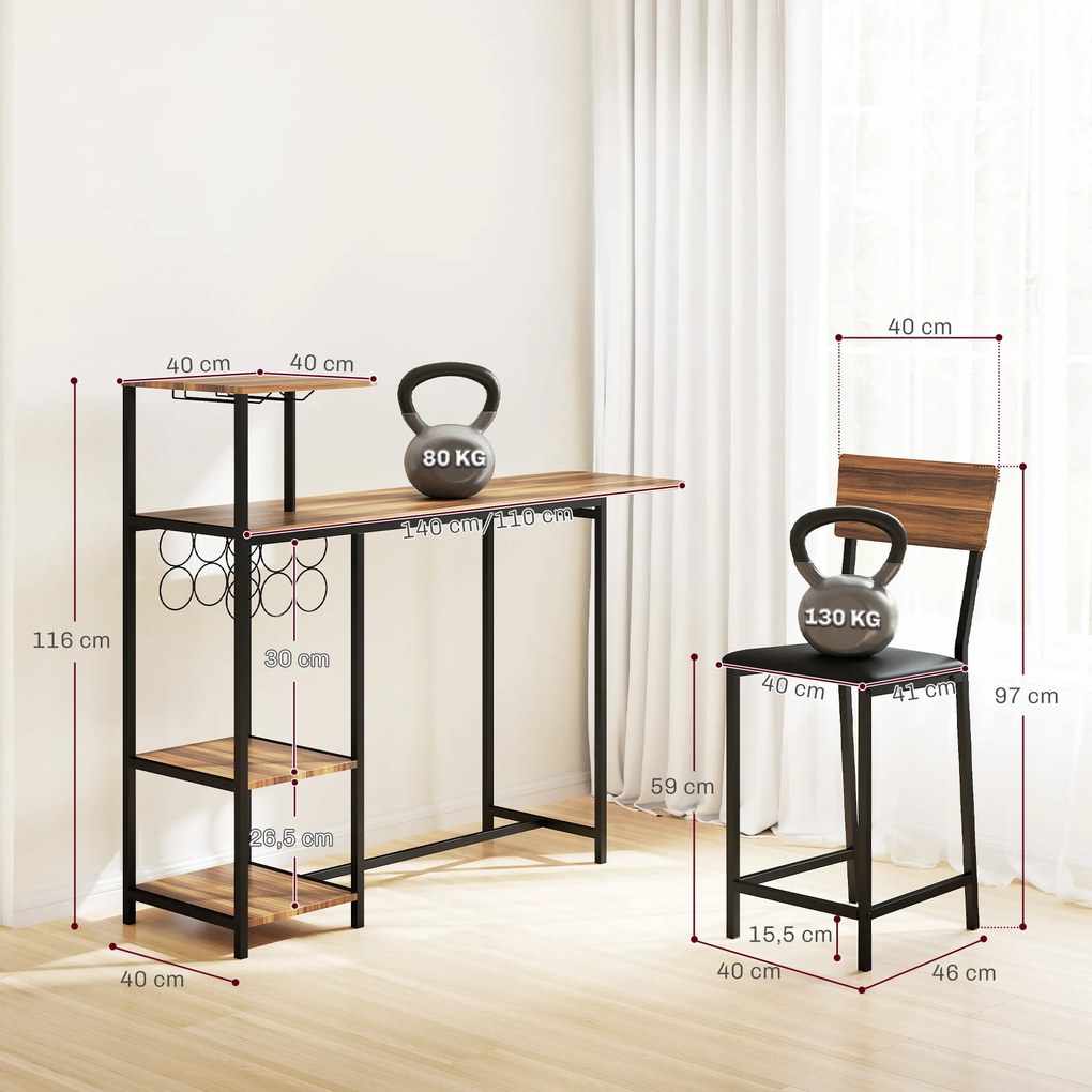 HOMCOM 3-częściowy zestaw stołów barowych, 1 stół, 2 hokery, z regałem na wino, uchwytem na szklanki, otwartymi półkami, podnóżkami, brązowy