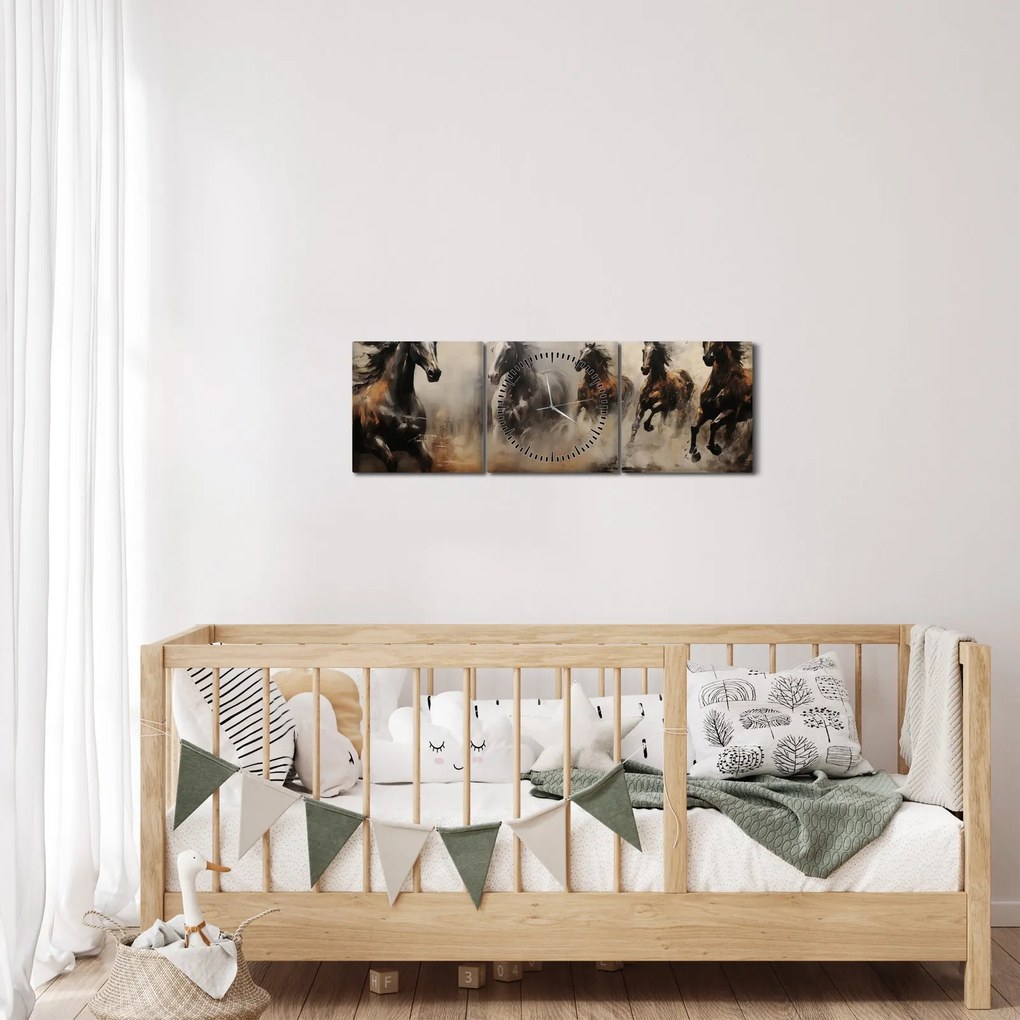 Obraz - Obraz olejny przedstawiający konie (z zegarem) (90x30 cm)