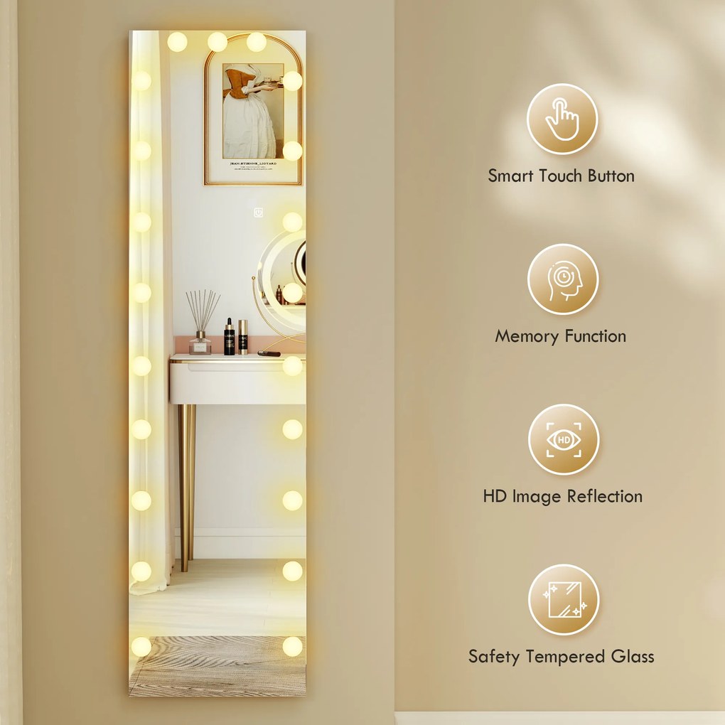 HOMCOM Lustro całopostaciowe 150x40 cm RGB-LED stojące z 21 żarówkami, 7 kolorów światła, przycisk dotykowy, funkcja pamięci | Aosom PL