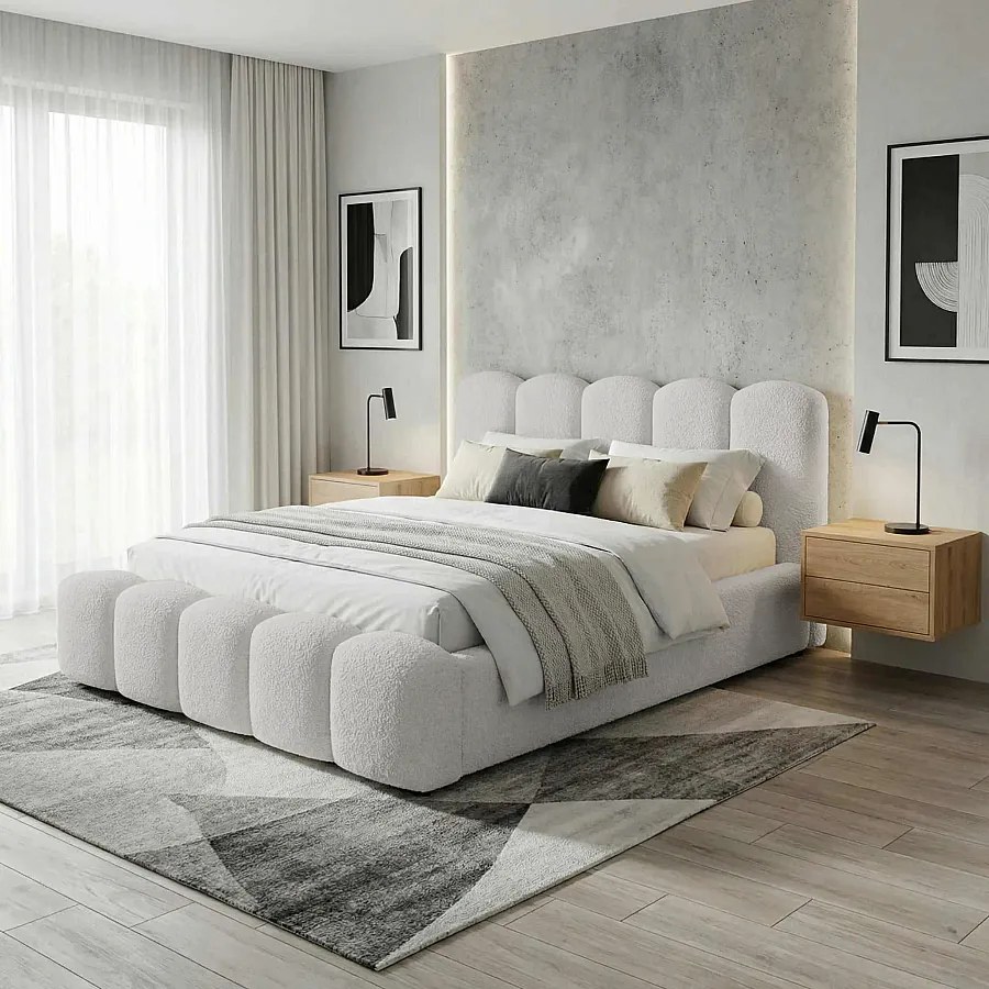 BESILIO Łóżko z grubej pianki 160x200 boucle Milly - łóżko z pojemnikiem i stelażem - Jasnoszary