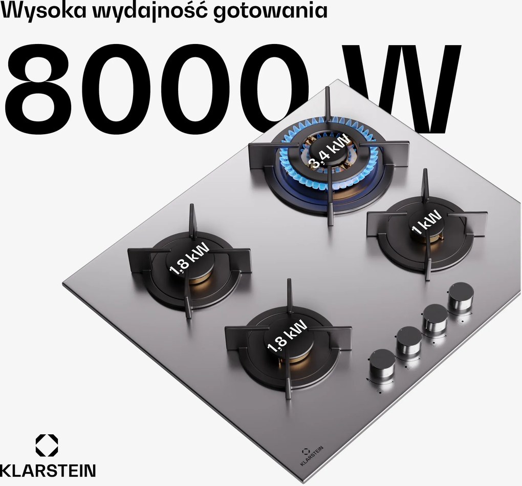 Klarstein Goldflame 60cm Płyta gazowa 4 palniki Srebrny