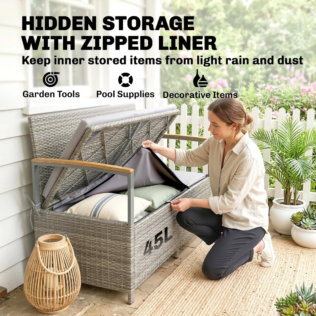 Outsunny Ławka Ogrodowa Rattan 170L 2-osobowa Ławka z Schowkiem Zdejmowana Poduszka Zamek Błyskawiczny Drewniane Podłokietniki | Aosom PL