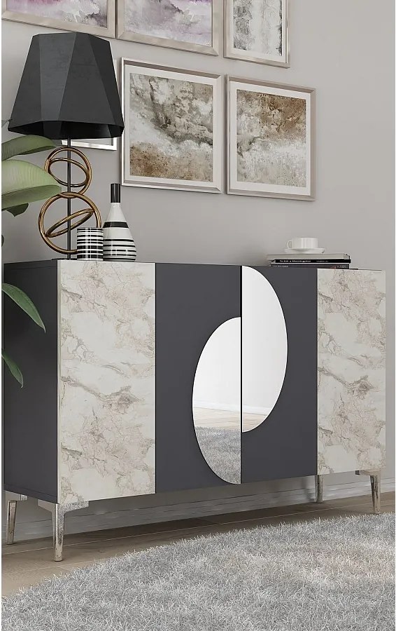 Komoda z płyty MDF pokrytej melaminą – 120 cm x 75 cm x 29,6 cm – antracyt, marmur Efez, srebro