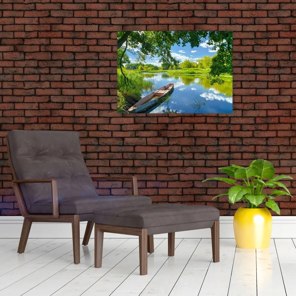 Obraz na szkle letniej rzeki z łodzią (70x50 cm)