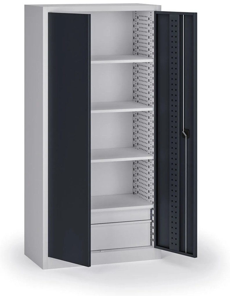 Szafa warsztatowa, 4 półki + 2 szuflady, 1950 × 950 × 500 mm, grafitowe drzwi