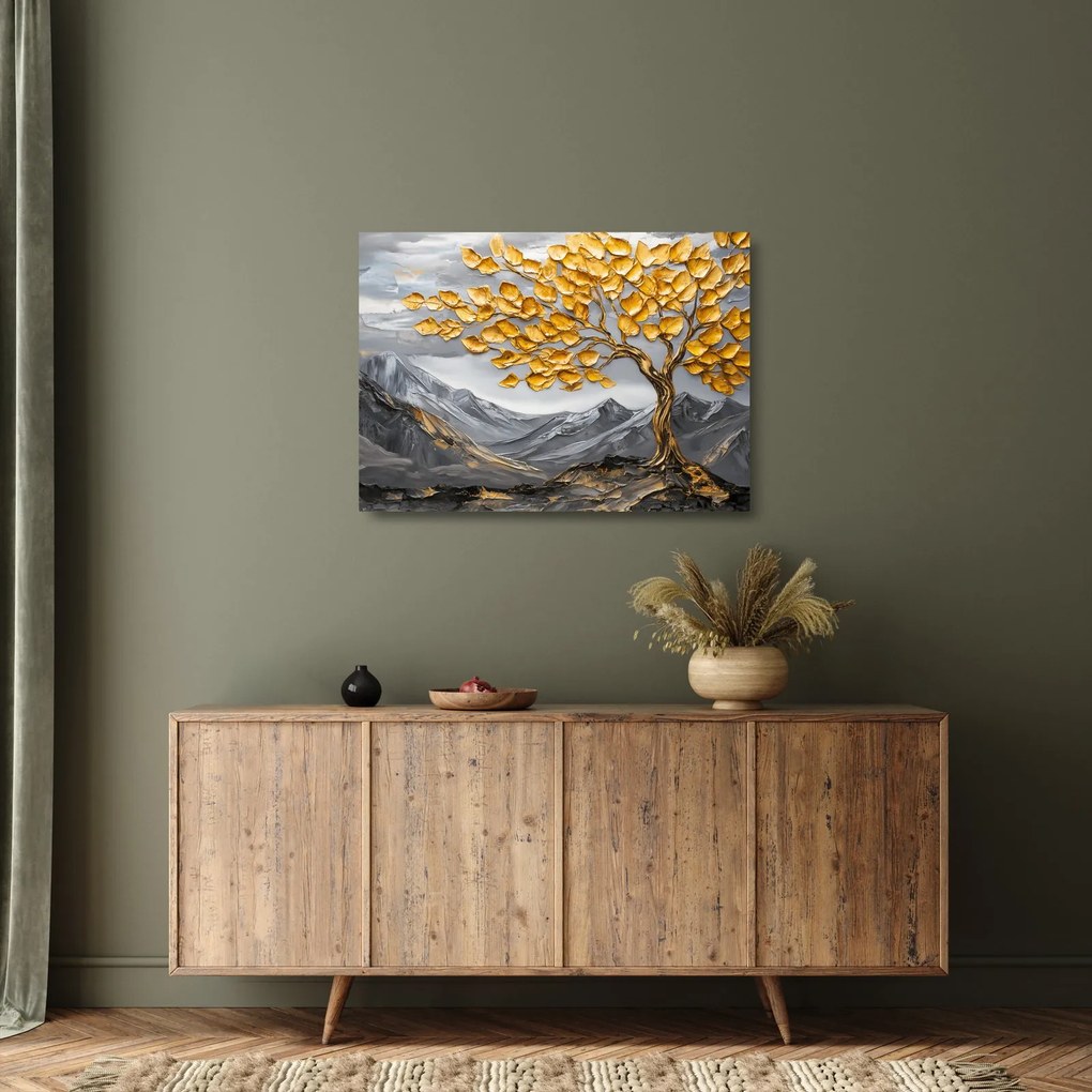 Obraz na szkle – Drzewo ze złotymi liśćmi (70x50 cm)