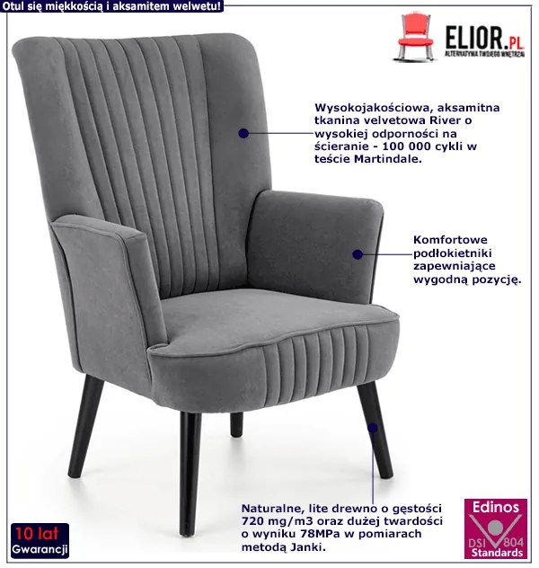 Popielaty fotel welwetowy do salonu B7-Z36