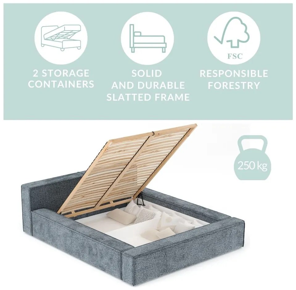 Szaroniebieskie tapicerowane łóżko dwuosobowe ze schowkiem i stelażem 140x200 cm Voliera – Maison de Rêve