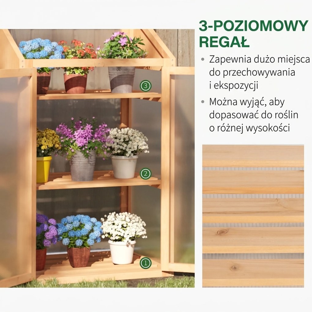 Outsunny Mini szklarnia, mała szklarnia z ramą drewnianą, oknami i podwójnymi drzwiami, 3 półki, 70Dł x 50Szer x 120Wys cm, Brązowa