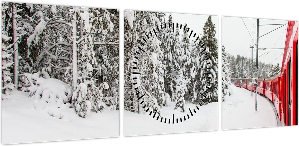 Obraz - Pociąg w zaśnieżonym krajobrazie (z zegarem) (90x30 cm)