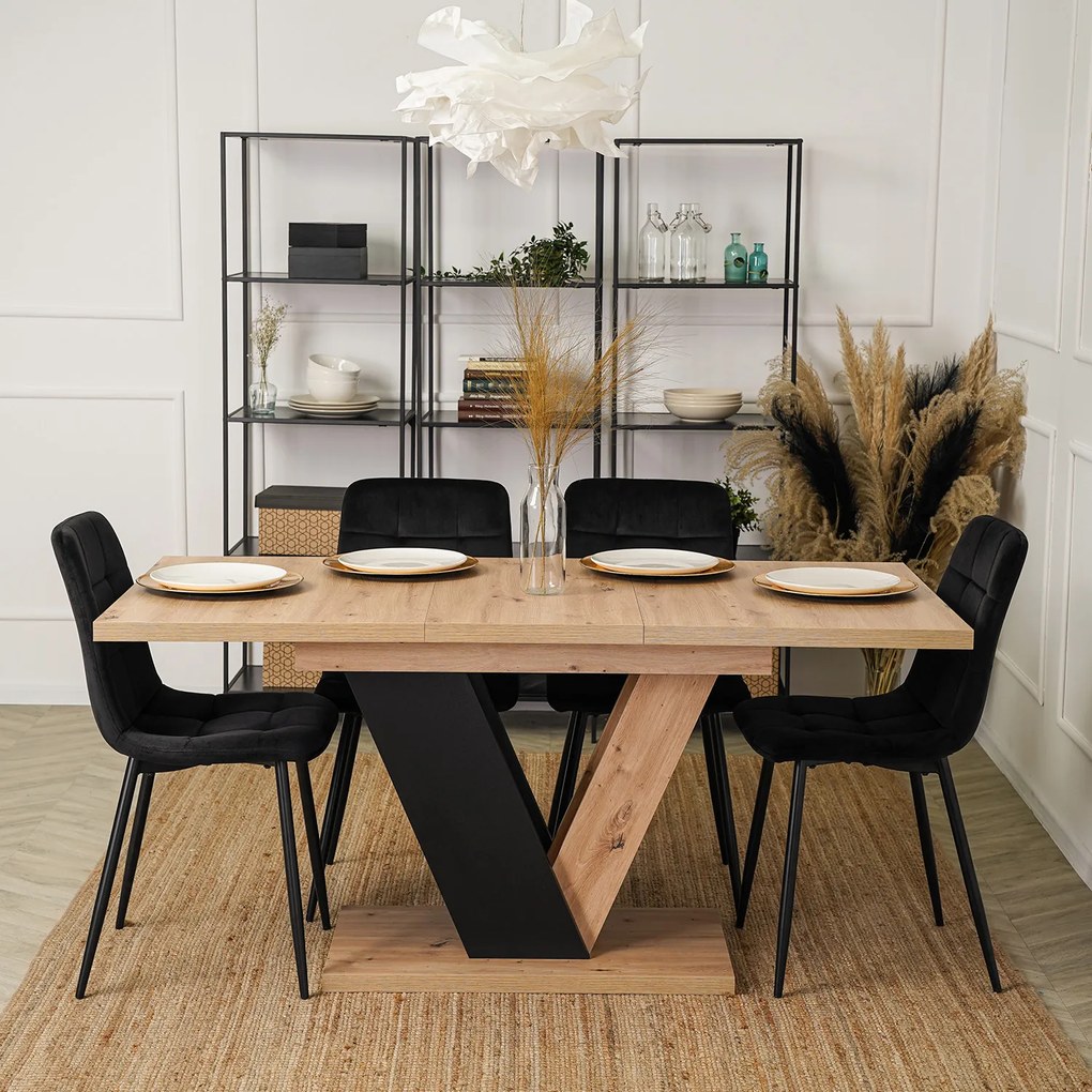 Zestaw Stół Prostokątny Rozkładany CLARK 120-160 cm Dąb Artisan/Czarny i 4 Krzesła Tapicerowane do Jadalni PERU Czarne Welurowe