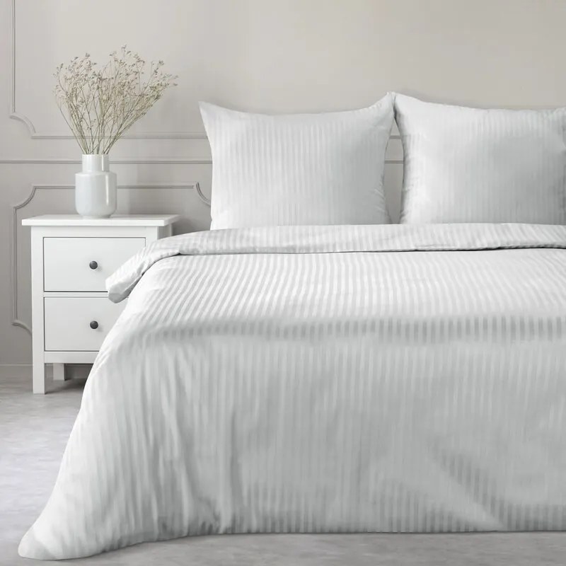 Pościel 200x220 satyna bawełniana jasnoszara w prążki komplet