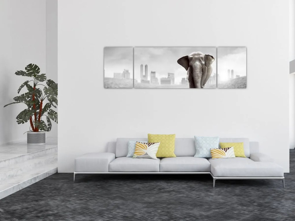 Obraz - Słonie w wielkim mieście, wersja czarno - biała (170x50 cm)