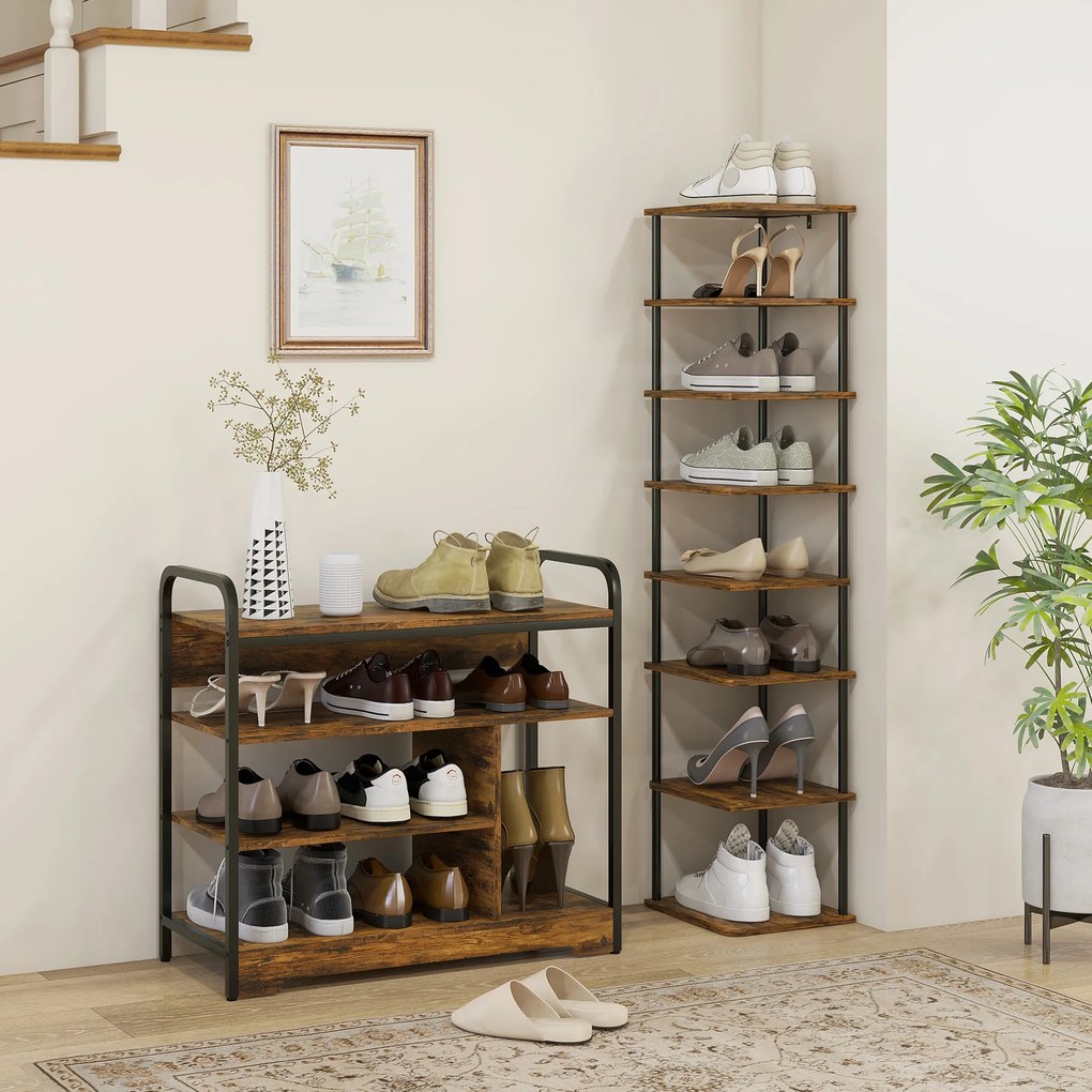 HOMCOM Półka na Buty 8-Poziomowa, Otwarty Design, Rama Metalowa, Regulowane Nóżki, 70x30x65 cm, Brąz/Czarny